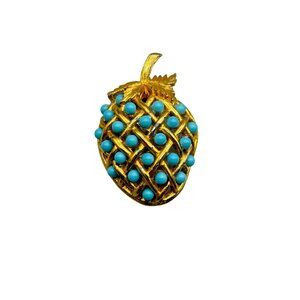 Signed De Nicola Fruit Pin Brooch Berry Turquoise Ballotini Balls Gold Tone